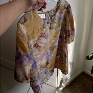 TESS SILK Floral Short Sleeve Blouse in Yellow & Lavender